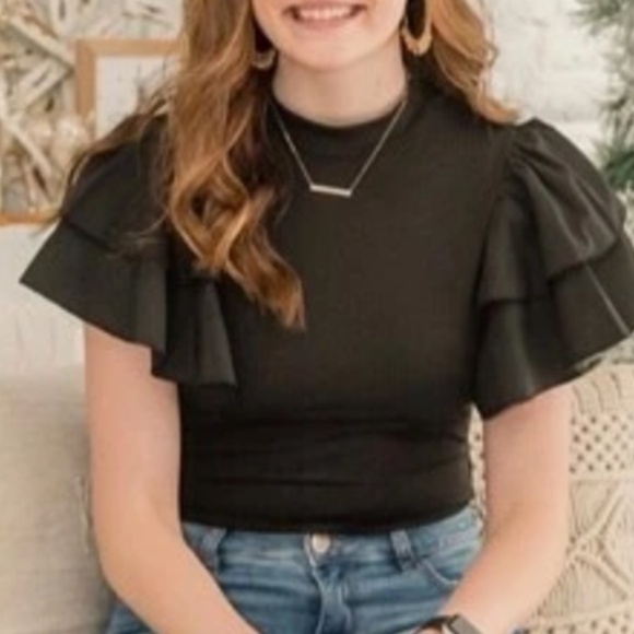 Classic Black Layered Ruffle Sleeve fitted Bodysuit - Picture 2 of 10